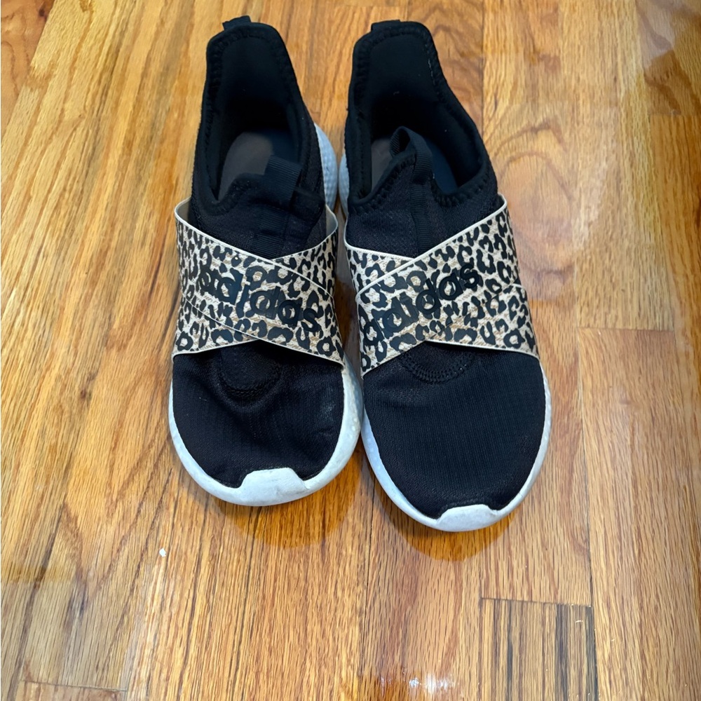 Adidas Black and Tan Slip-On Sneakers with Leopard Accent
